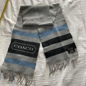 Coach Scarf Striped Lambswool Cashmere Grey Blue Fringe Logo Winter Unisex